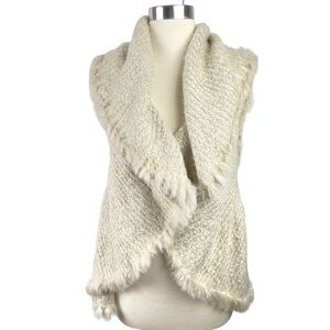 Metric‎ Knits Rabbit Trimmed Cream Knit Open Cardigan Vest Sweater S/M